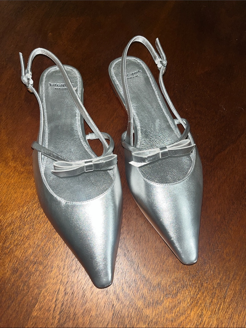 kate spade Carolina Silver Pointed Slingback Bow Mules